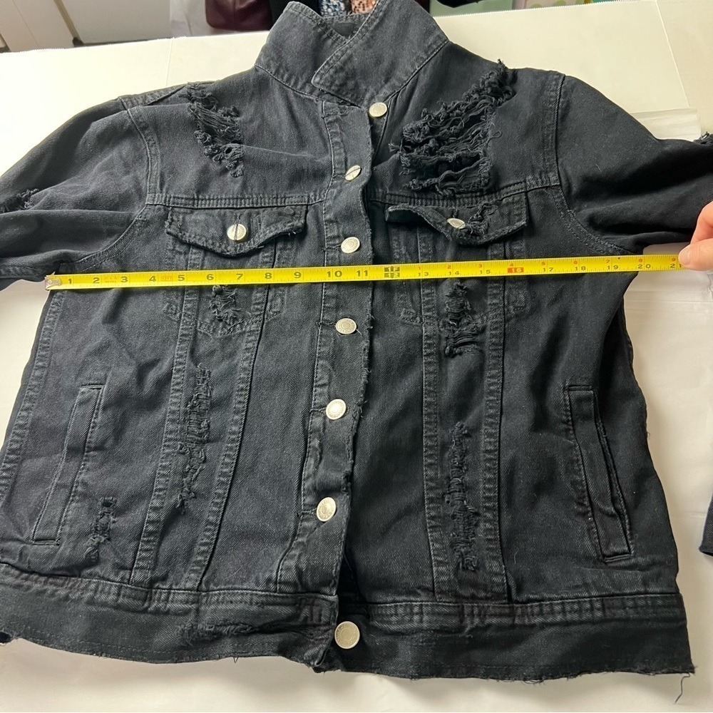 ASOS Thrashed Black Denim Trucker Jacket Destroyed Distressed Size Medium - Picture 7 of 14